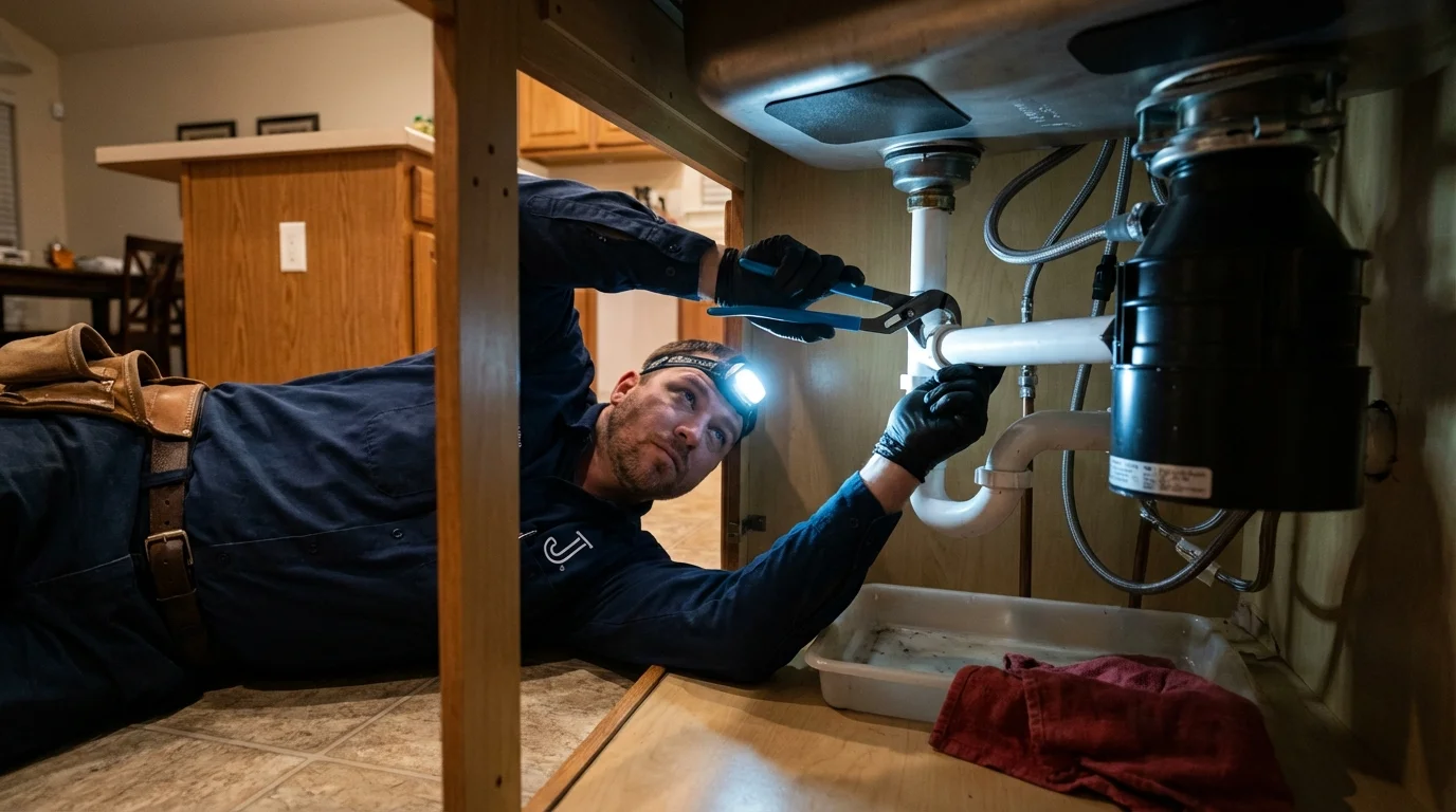 P-trap and supply line connections under a kitchen sink showing a common leak point in Clinton, NY